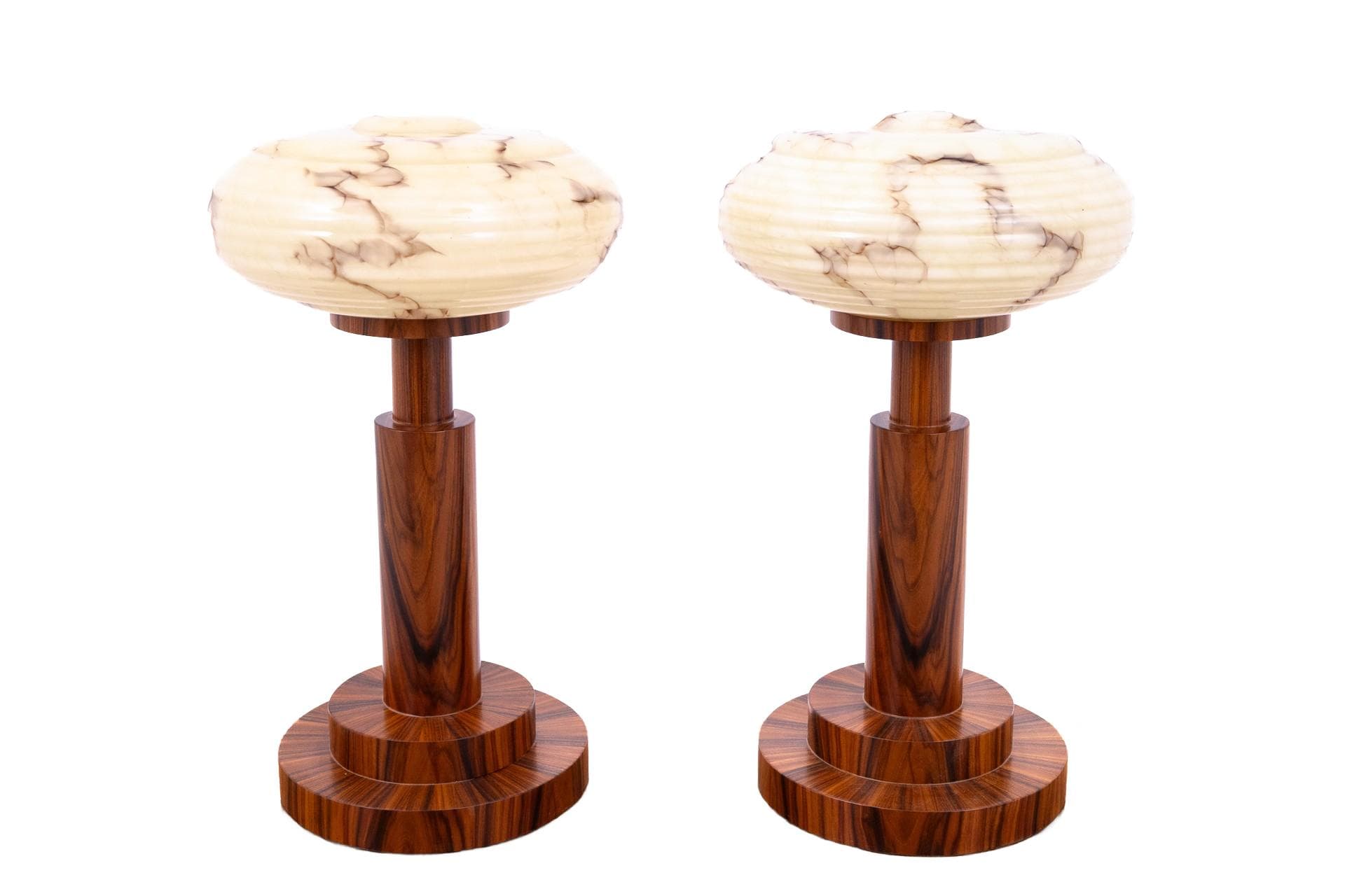 Orzechowe lampy stołowe, styl Art Deco, Polska, lata 50.