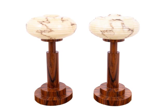 Orzechowe lampy stołowe, styl Art Deco, Polska, lata 50. - WYMIARY