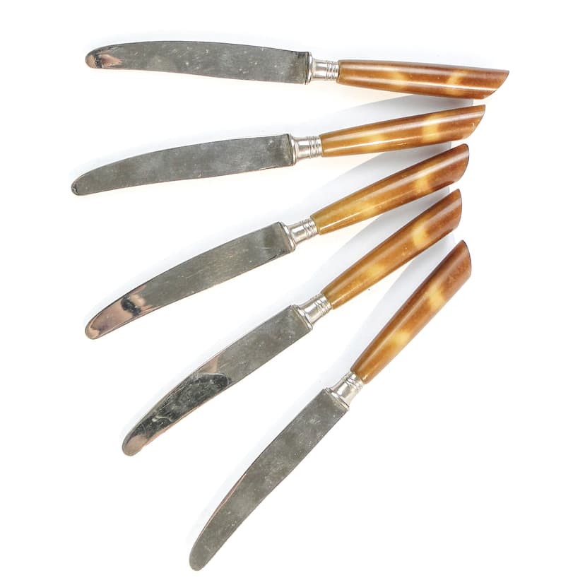 Knife set, mid-century modern, brown bakelite, Sweden, 1950s.