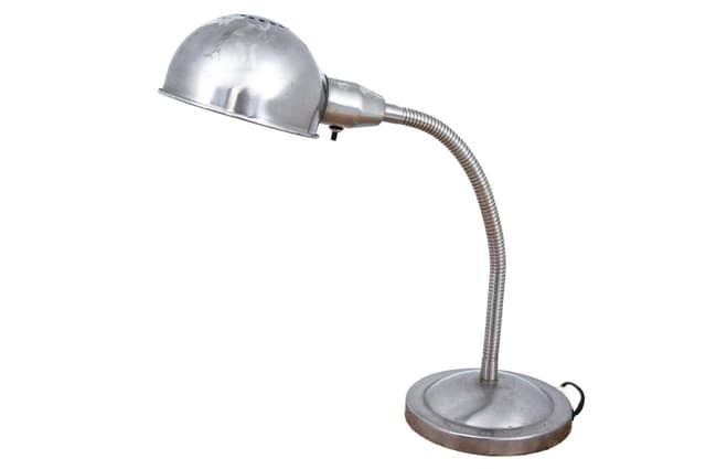 Srebrna, metalowa lampa stołowa, industrialna, Europa Zachodnia, lata 70. - WYMIARY