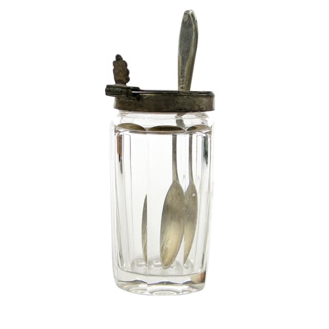 Musztardnica biedermeier, kryształ, mosiądz srebrzony, Niemcy, lata 30. - WYMIARY