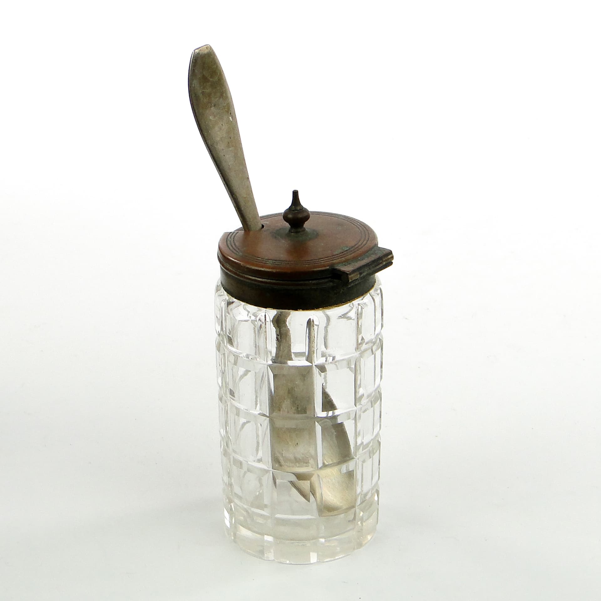 Musztardnica biedermeier, kryształ, mosiądz srebrzony, Niemcy, lata 30. - 102094