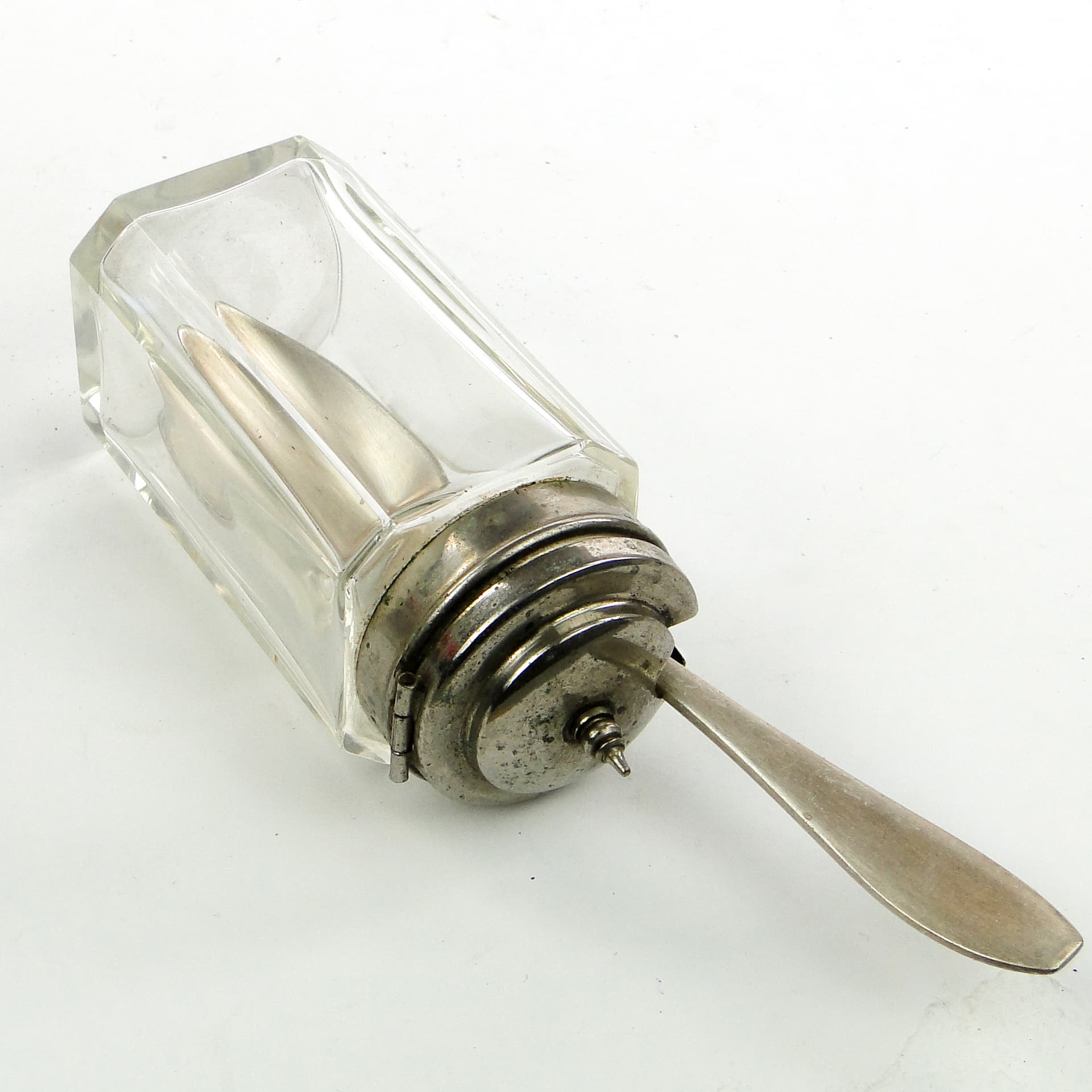 Musztardnica biedermeier, kryształ, mosiądz srebrzony, Niemcy, lata 30. - 102110