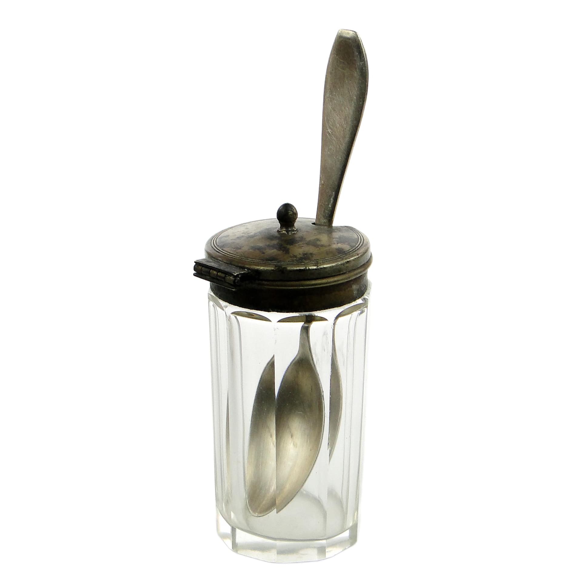 Musztardnica biedermeier, kryształ, mosiądz srebrzony, Niemcy, lata 30.