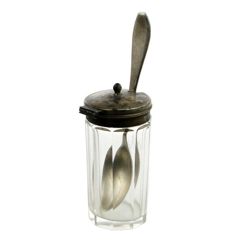 Musztardnica biedermeier, kryształ, mosiądz srebrzony, Niemcy, lata 30.