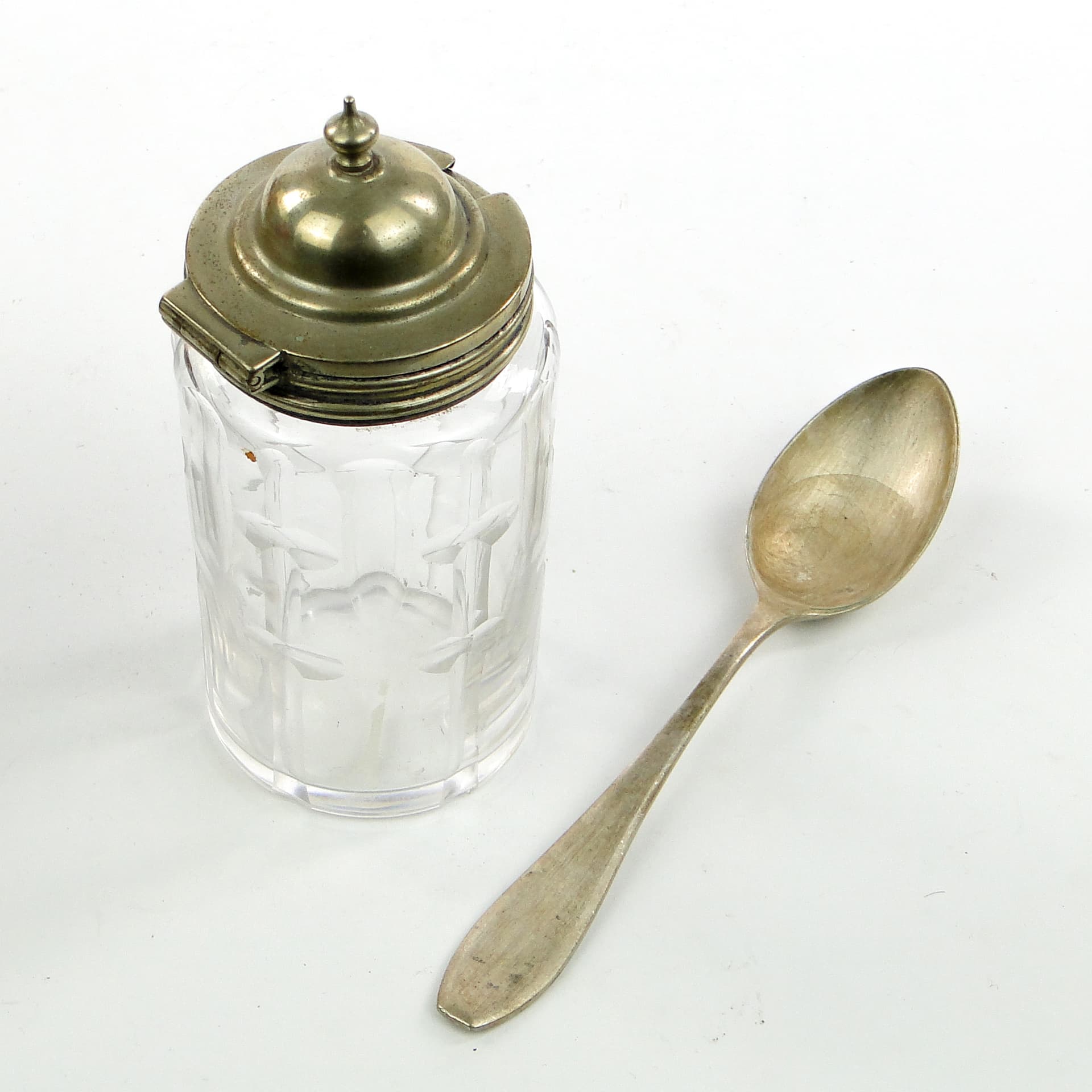 Musztardnica Biedermeier, kryształ, mosiądz srebrzony, Niemcy, lata 30. - 102148