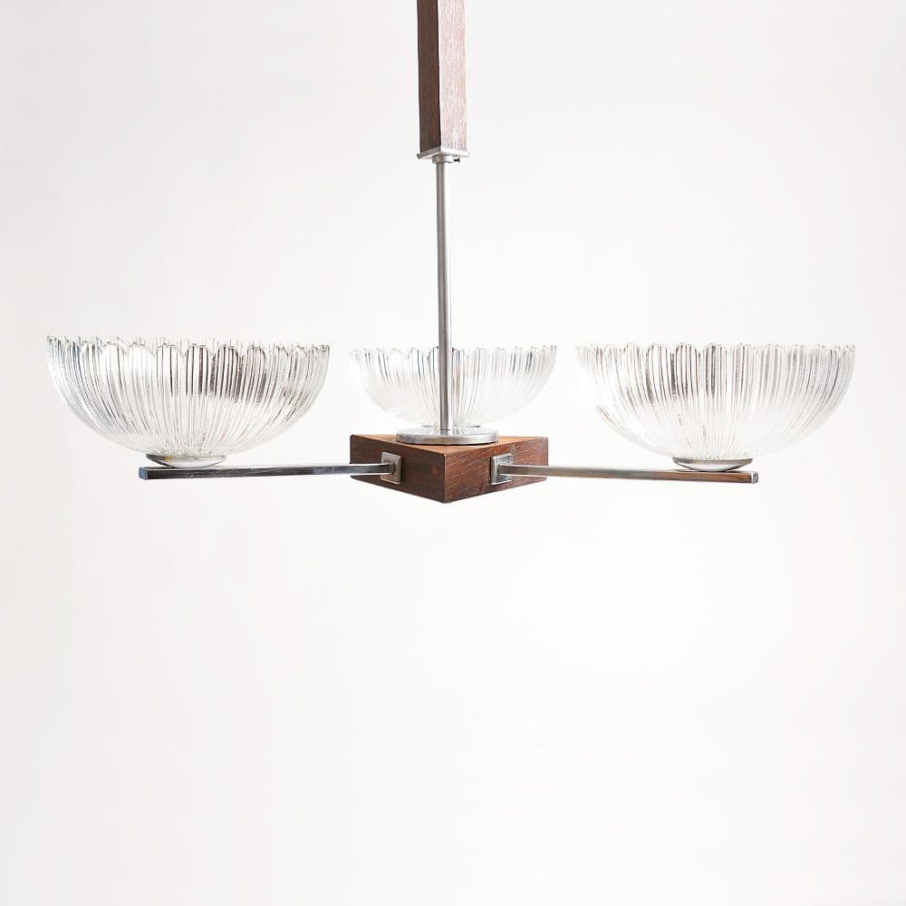 Ceiling lamp Art déco, transparent glass, chrome steel, wood, Czechoslovakia, 1950s. - 102408