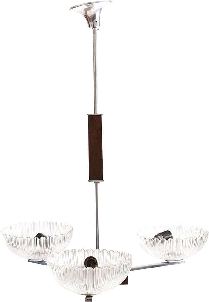 Ceiling lamp Art déco, transparent glass, chrome steel, wood, Czechoslovakia, 1950s.