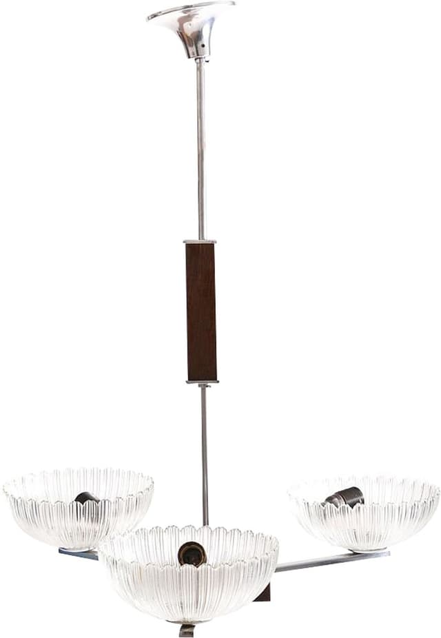 Ceiling lamp Art déco, transparent glass, chrome steel, wood, Czechoslovakia, 1950s. - DIMENSION
