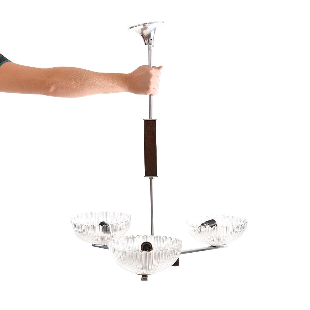 Ceiling lamp Art déco, transparent glass, chrome steel, wood, Czechoslovakia, 1950s. - 122752