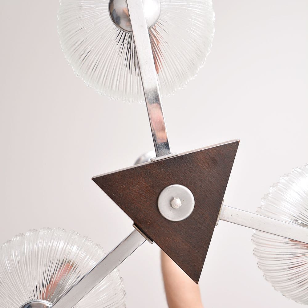 Ceiling lamp Art déco, transparent glass, chrome steel, wood, Czechoslovakia, 1950s. - 102412