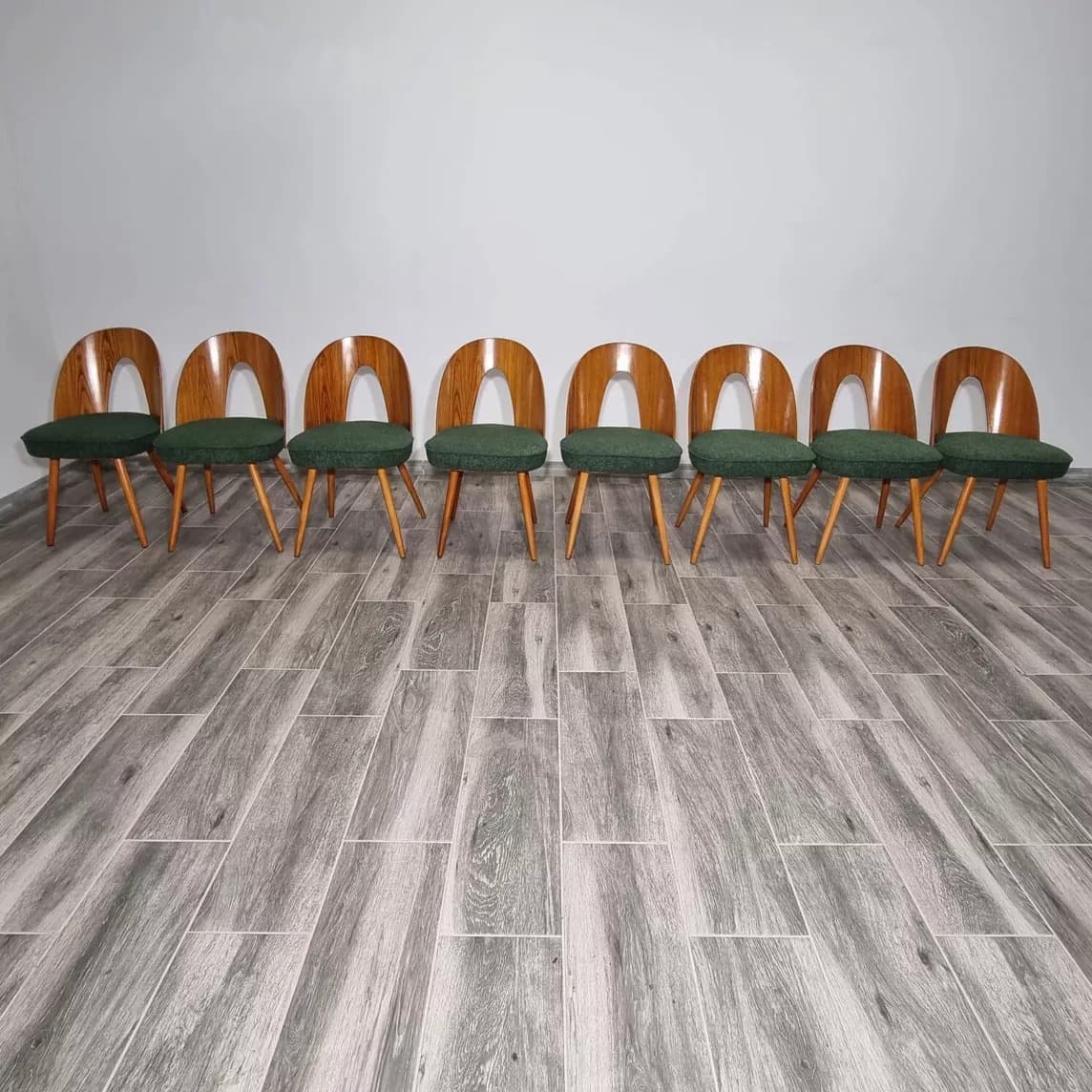 Set of chairs, walnut, cream bouclé, by A. Suman, Tatra Nabytok, Czechoslovakia, 1960s. - 109423
