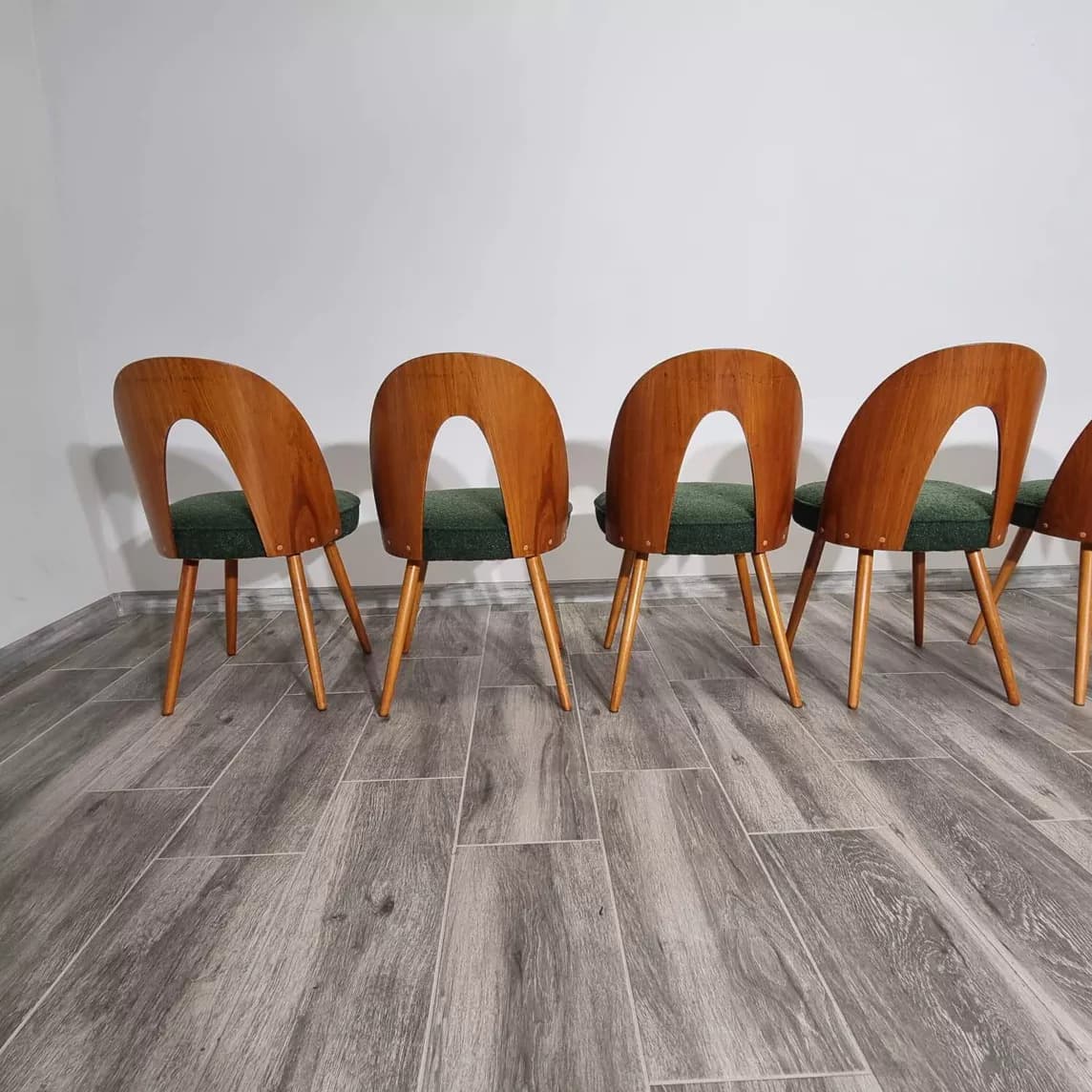 Set of chairs, walnut, cream bouclé, by A. Suman, Tatra Nabytok, Czechoslovakia, 1960s. - 109429