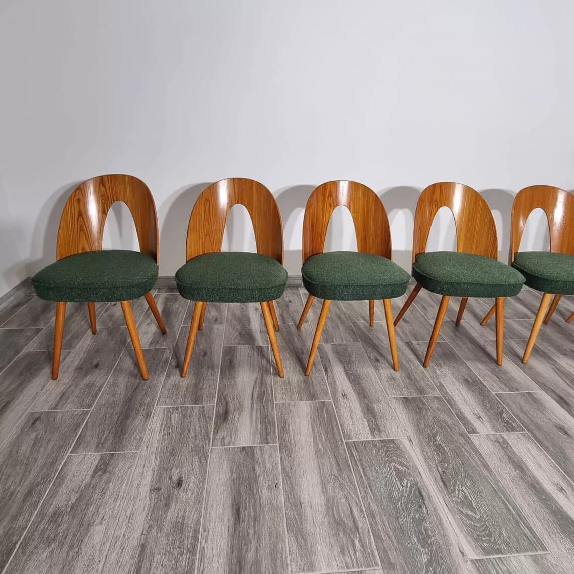 Set of chairs, walnut, cream bouclé, by A. Suman, Tatra Nabytok, Czechoslovakia, 1960s. - 109432