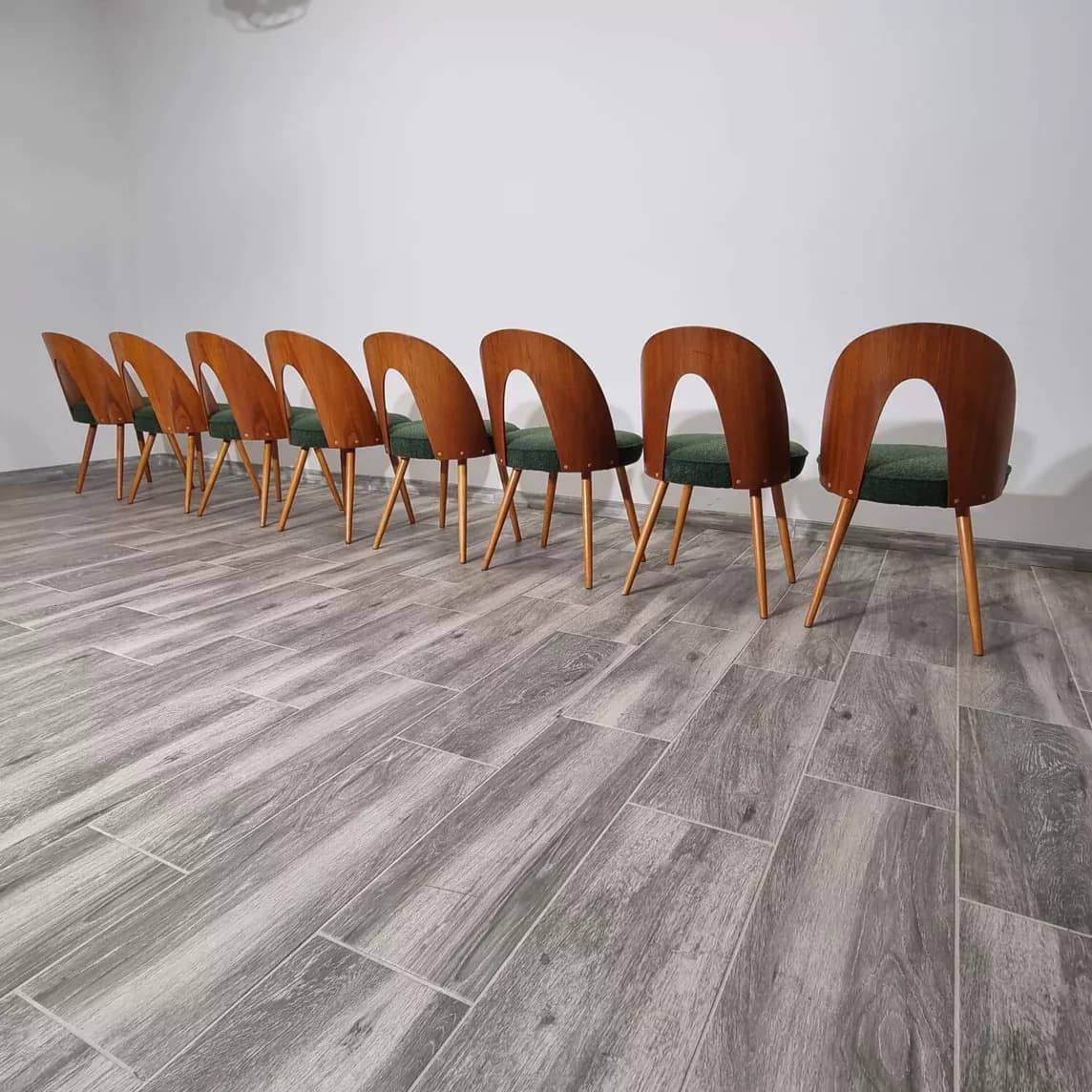 Set of chairs, walnut, cream bouclé, by A. Suman, Tatra Nabytok, Czechoslovakia, 1960s. - 109435