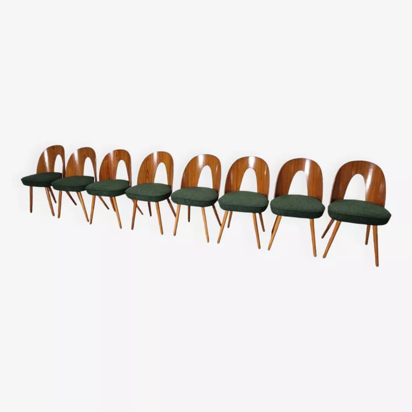 Set of chairs, walnut, cream bouclé, by A. Suman, Tatra Nabytok, Czechoslovakia, 1960s.