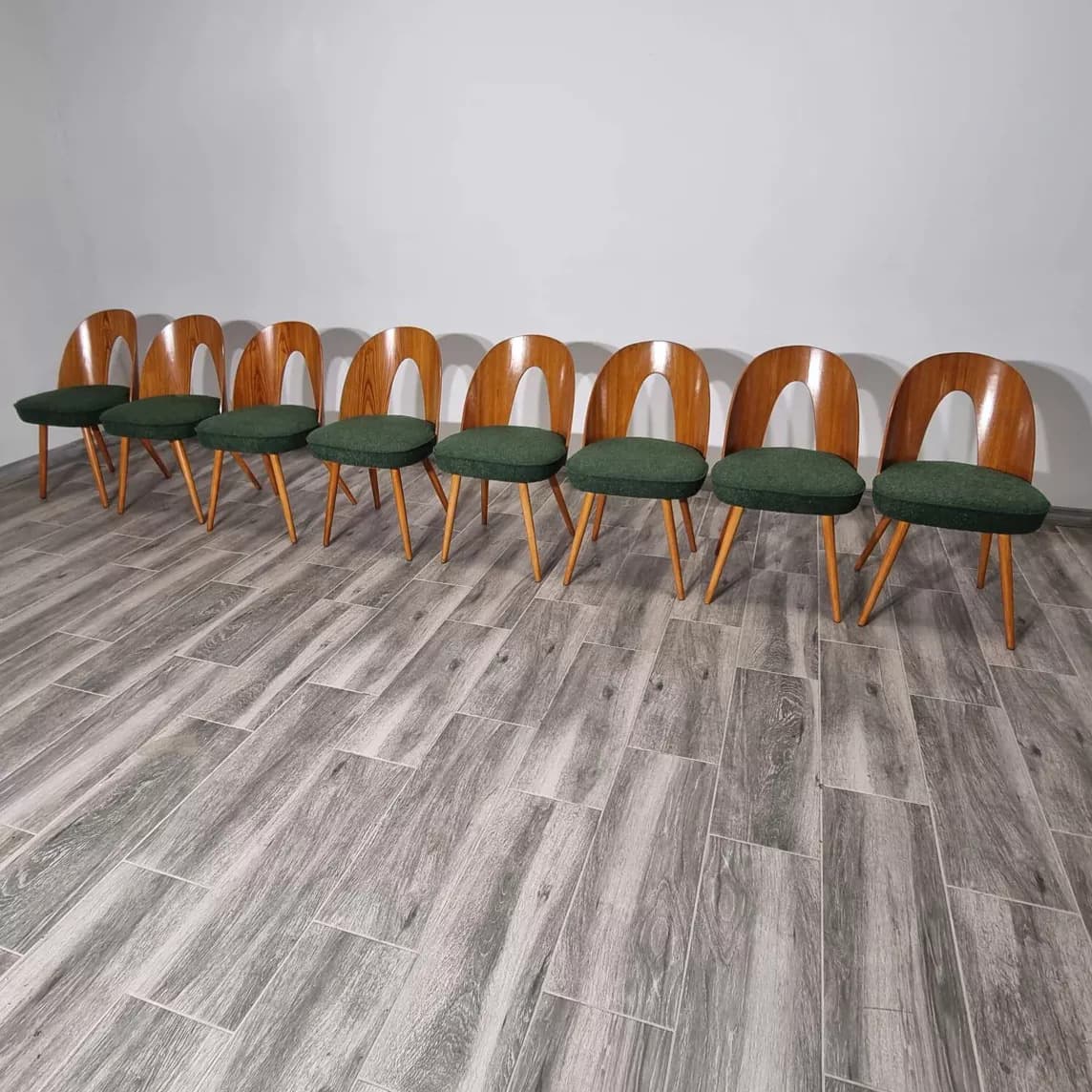 Set of chairs, walnut, cream bouclé, by A. Suman, Tatra Nabytok, Czechoslovakia, 1960s. - 109428