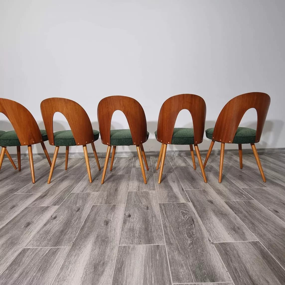 Set of chairs, walnut, cream bouclé, by A. Suman, Tatra Nabytok, Czechoslovakia, 1960s. - 109424
