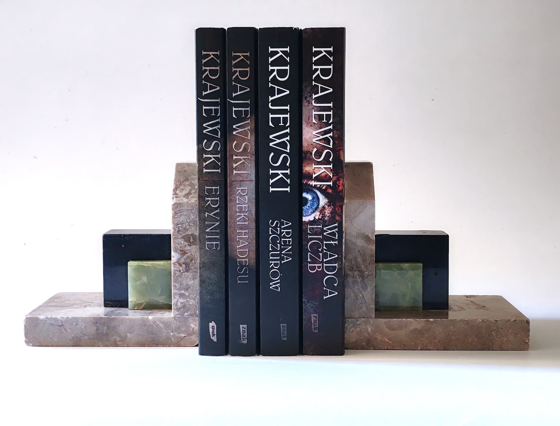 Para podpórek do książek Art Déco, marmur brązowy, onyks czarny, onyks zielony, Belgia, lata 30. - 103556