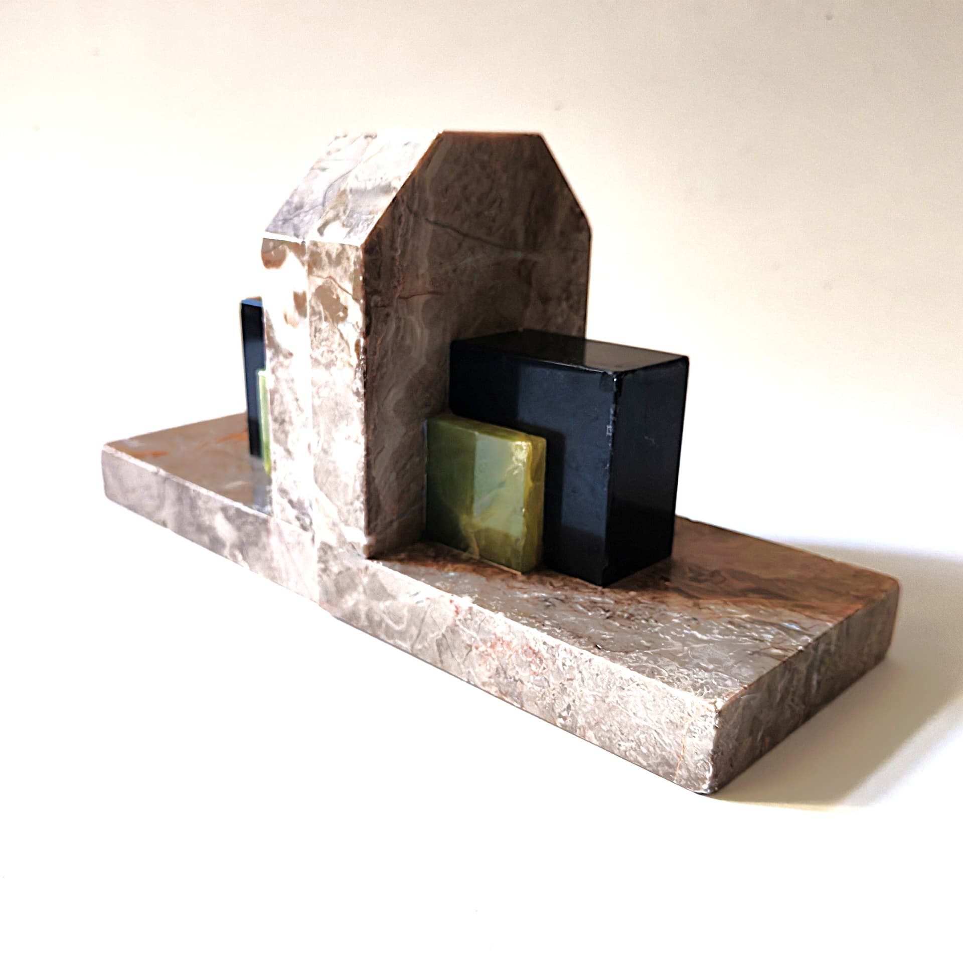 Para podpórek do książek Art Déco, marmur brązowy, onyks czarny, onyks zielony, Belgia, lata 30. - 103552