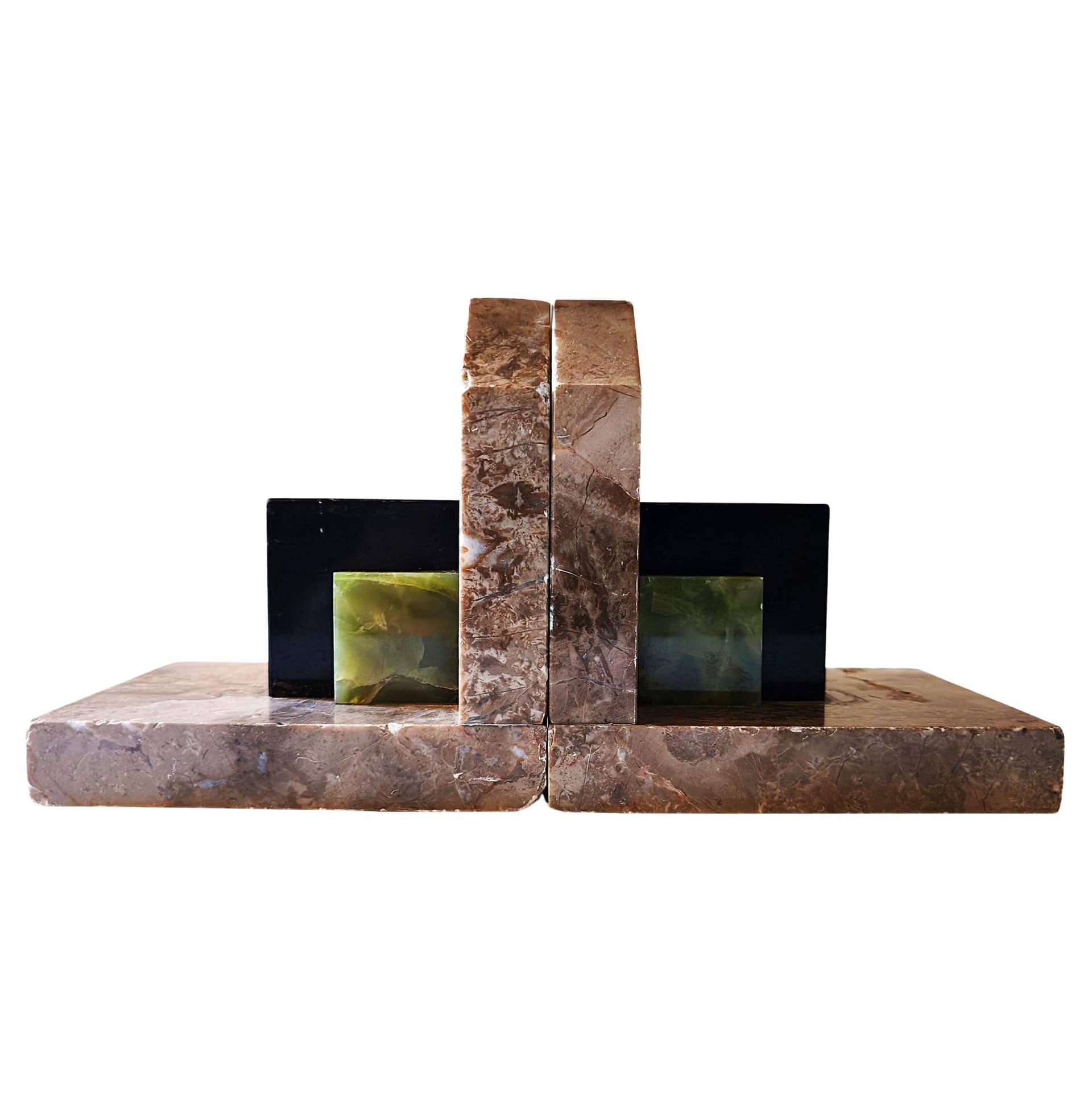 Para podpórek do książek Art Déco, marmur brązowy, onyks czarny, onyks zielony, Belgia, lata 30.