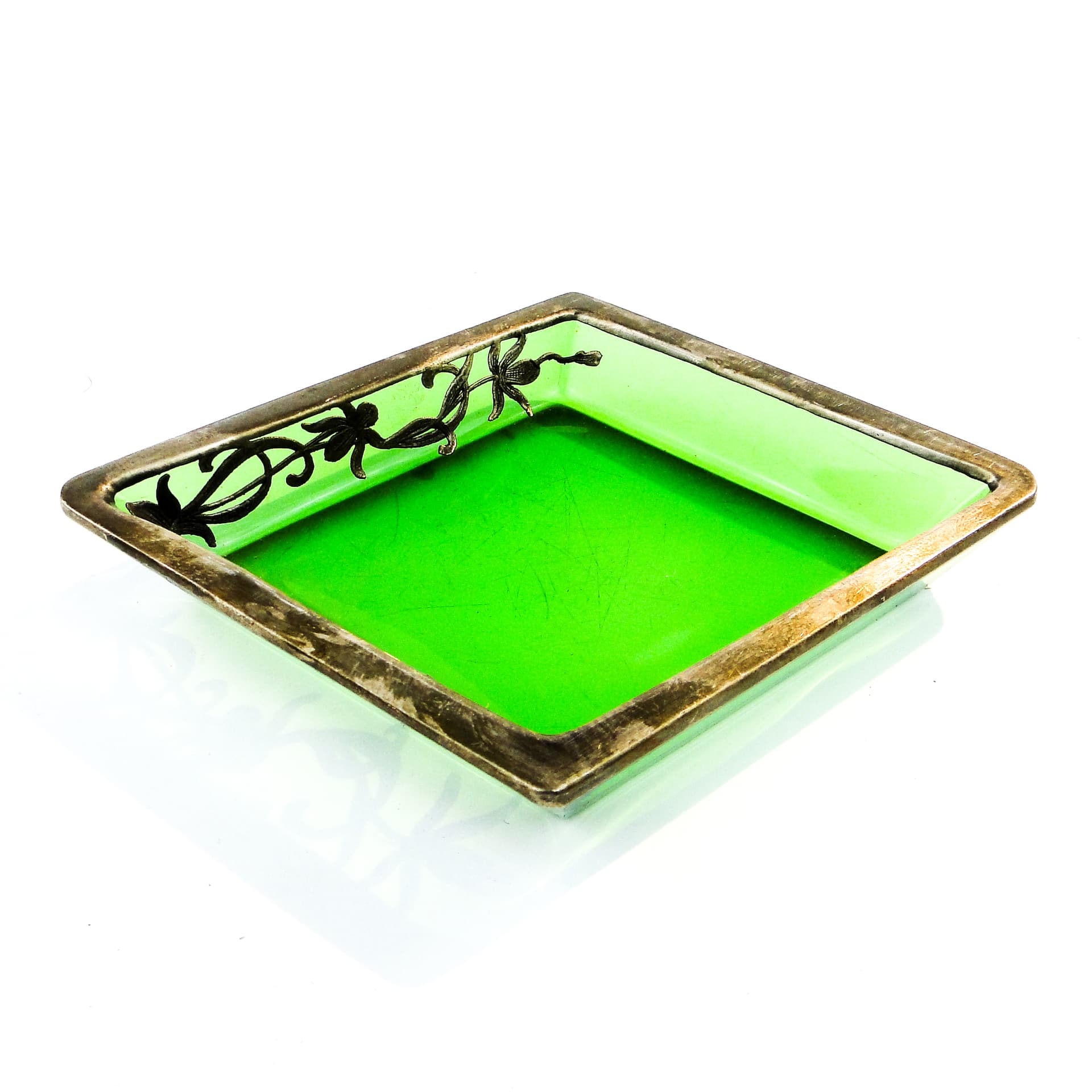 Art Deco organizer, green glass, silver-plated brass, Poland, 1930s. - 103628