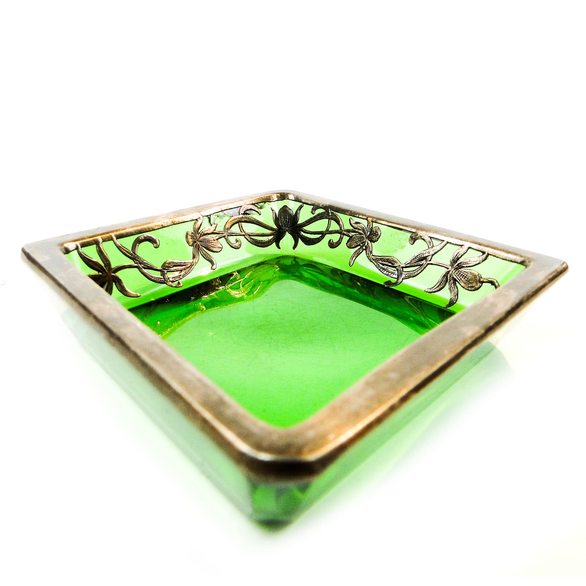Art Deco organizer, green glass, silver-plated brass, Poland, 1930s. - 103629