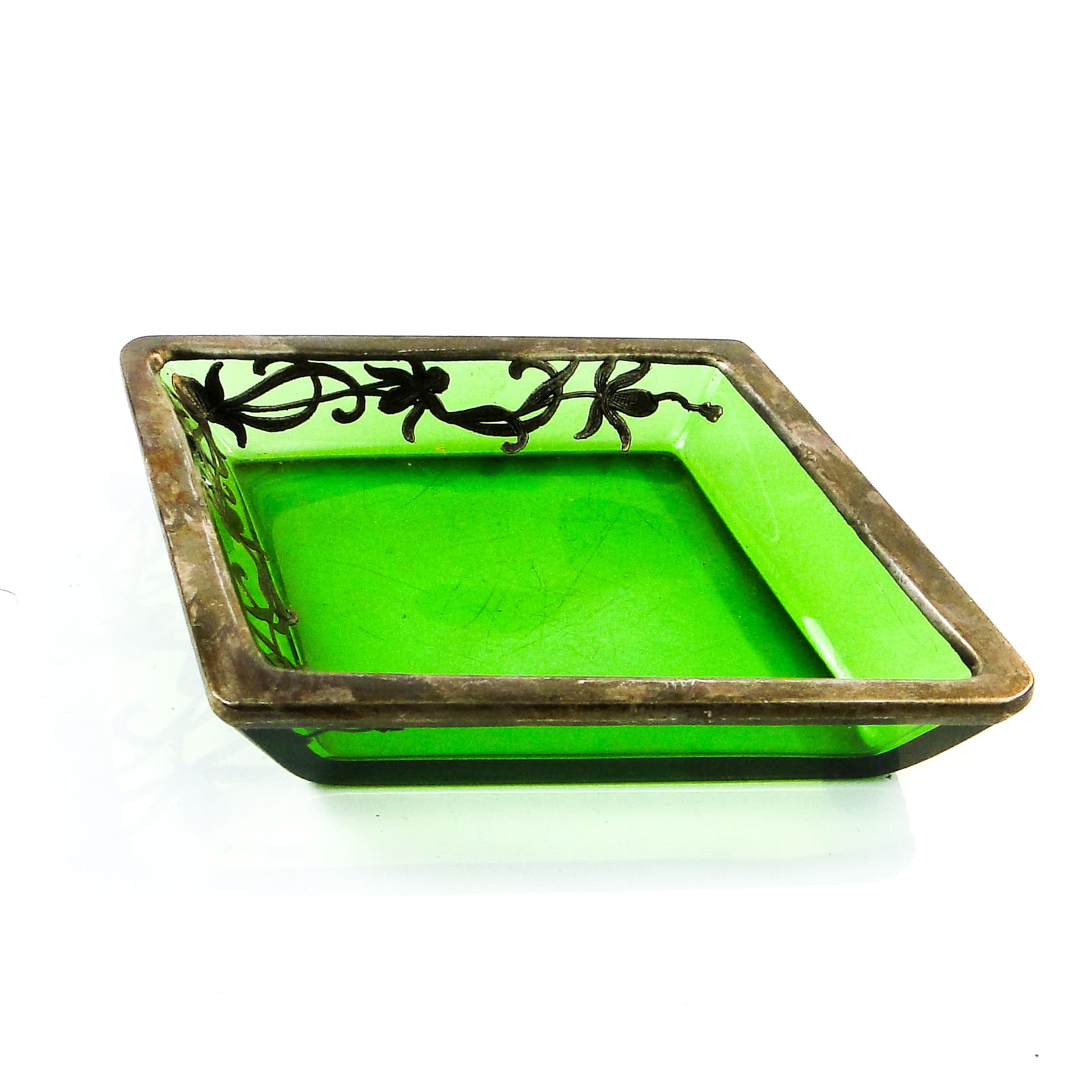 Art Deco organizer, green glass, silver-plated brass, Poland, 1930s. - 103625
