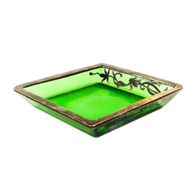 Art Deco organizer, green glass, silver-plated brass, Poland, 1930s. - DIMENSION