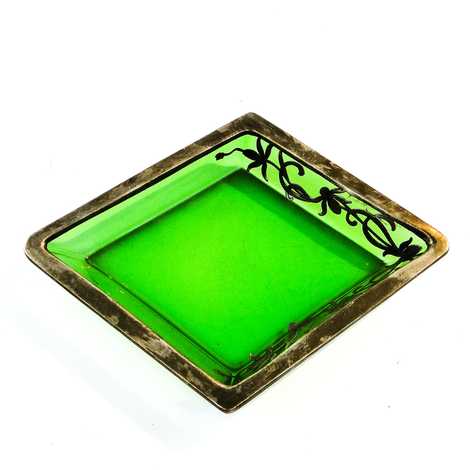 Art Deco organizer, green glass, silver-plated brass, Poland, 1930s. - 103627