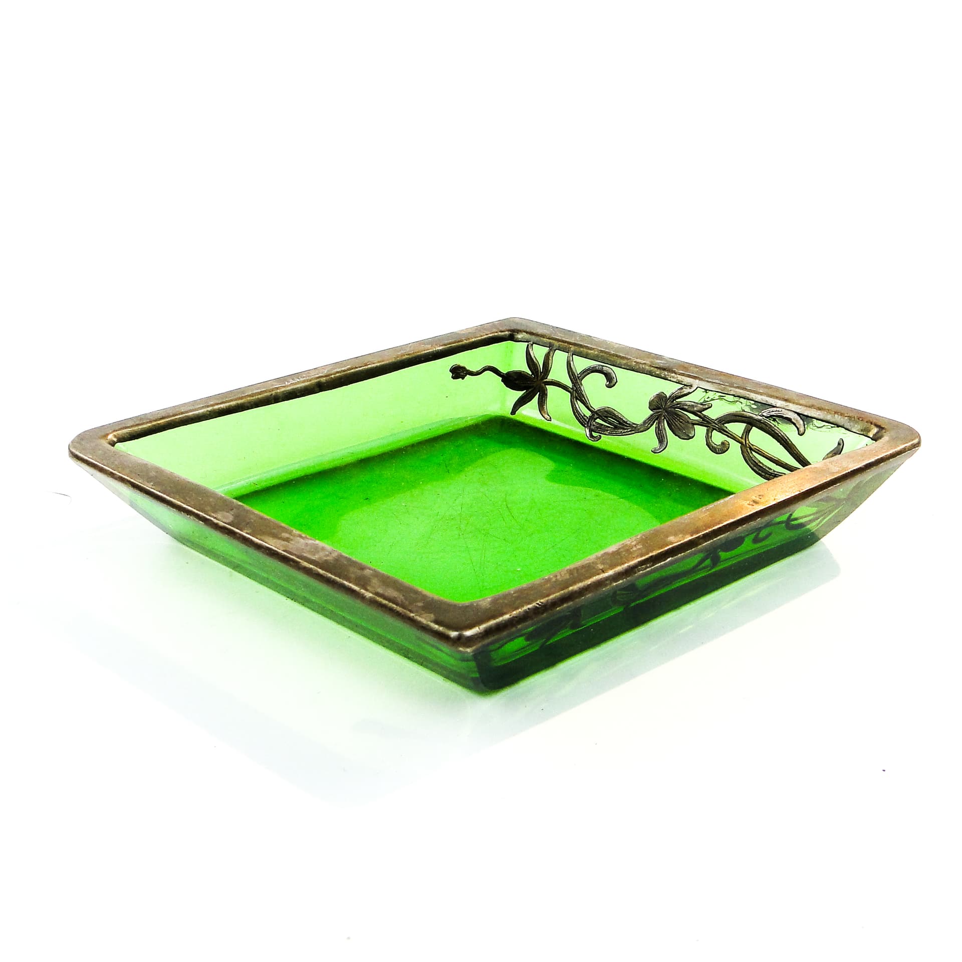 Art Deco organizer, green glass, silver-plated brass, Poland, 1930s. - 103624