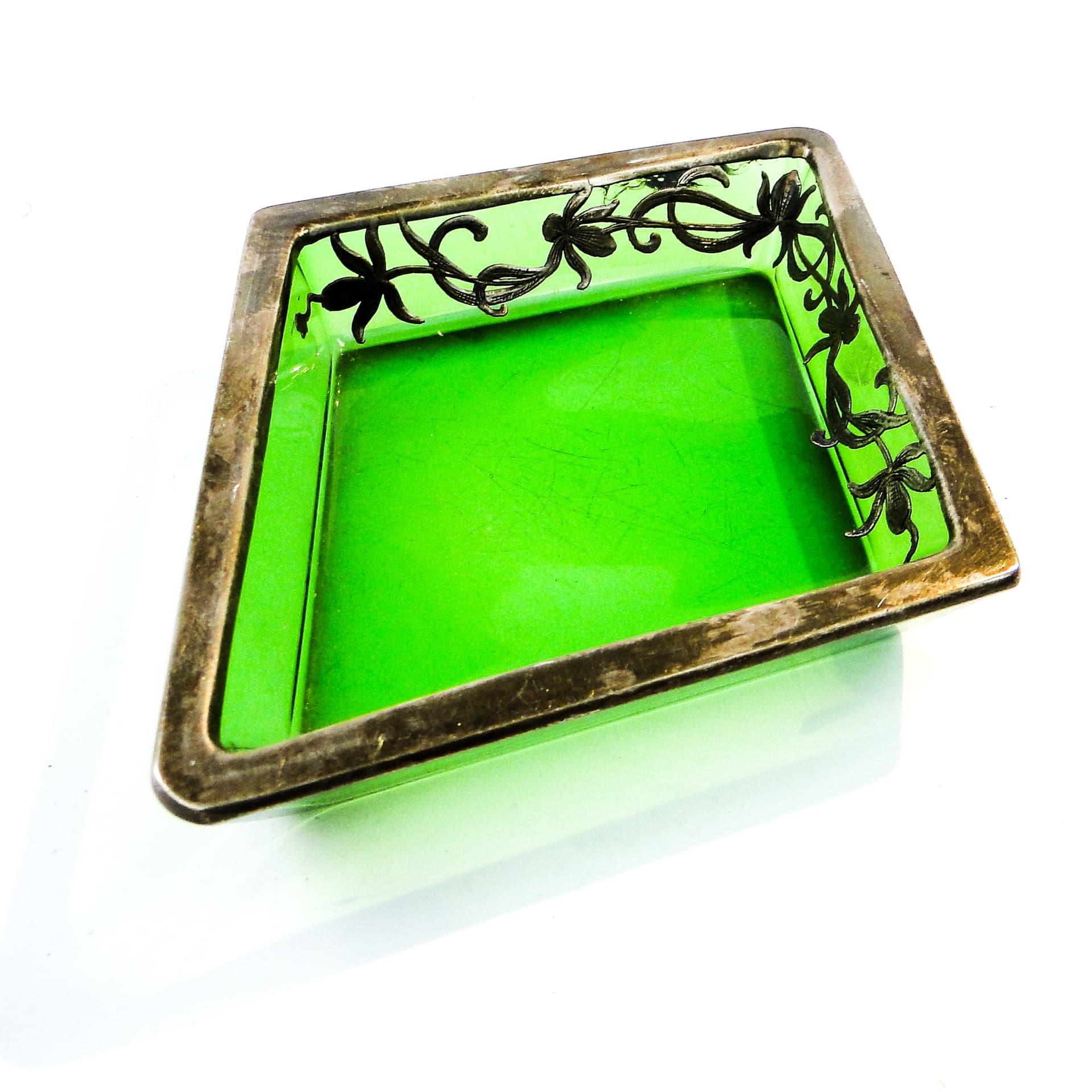 Art Deco organizer, green glass, silver-plated brass, Poland, 1930s. - 103634