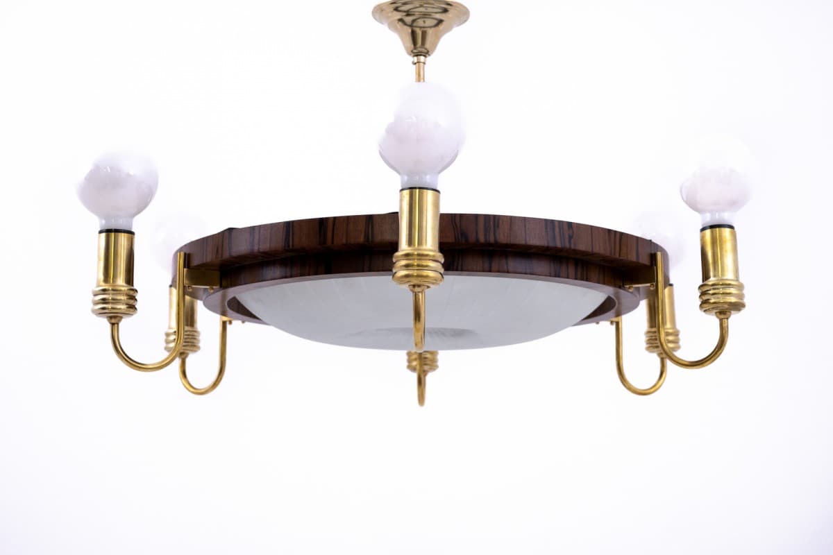 Orzechowy żyrandol, styl art deco, Polska, lata 50. - 58523