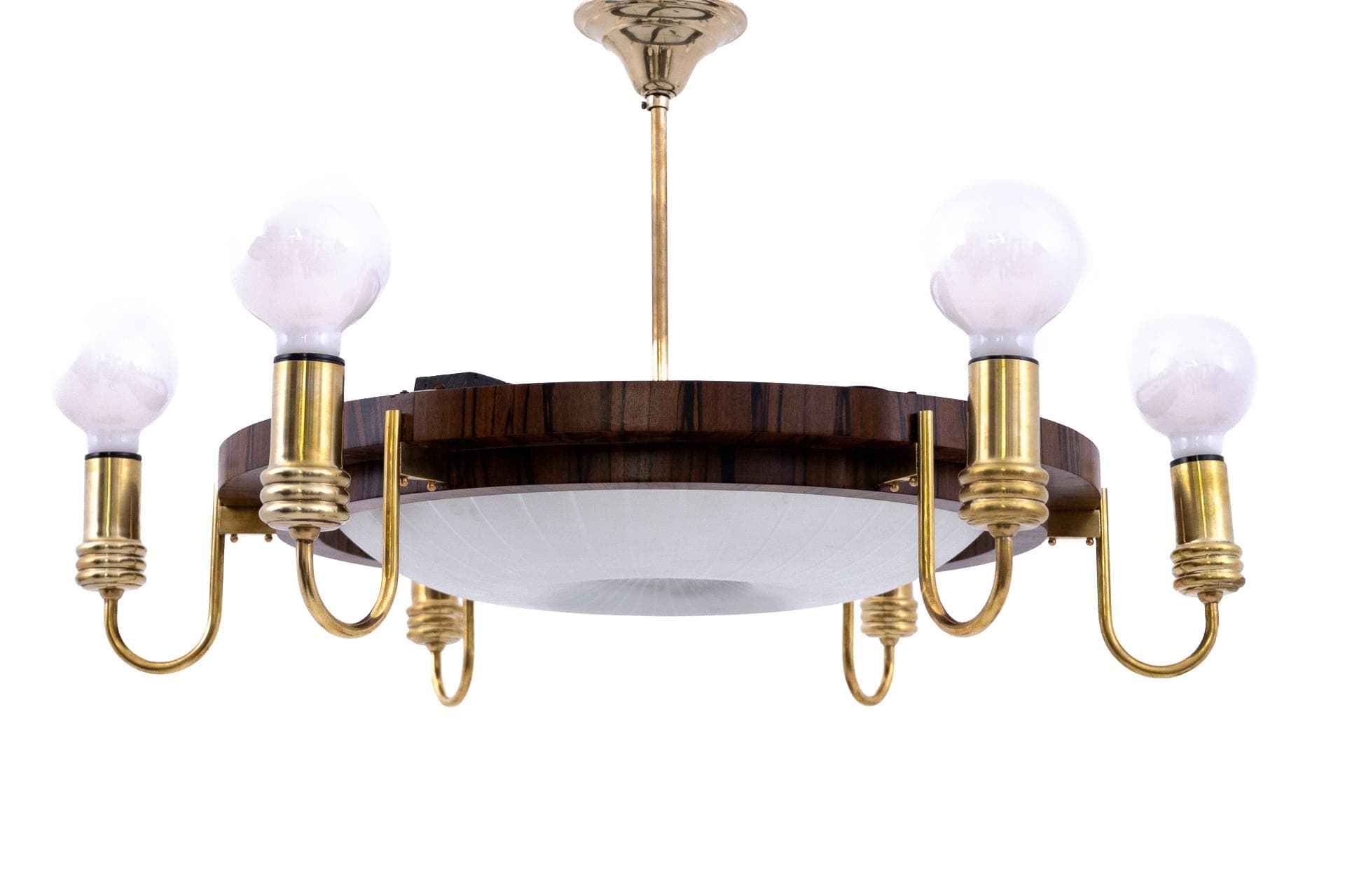 Orzechowy żyrandol, styl art deco, Polska, lata 50.