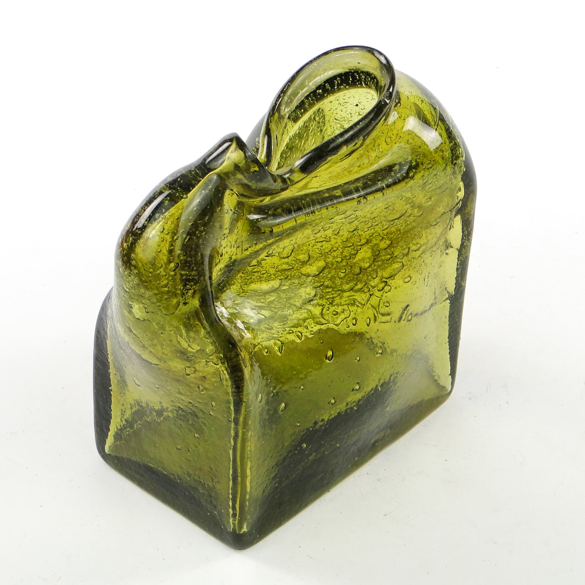 Forma szklana mid-century modern, oliwkowe szkło, proj. M. Veltuzen-Nagrabecka, Polska, lata 70. - 104007