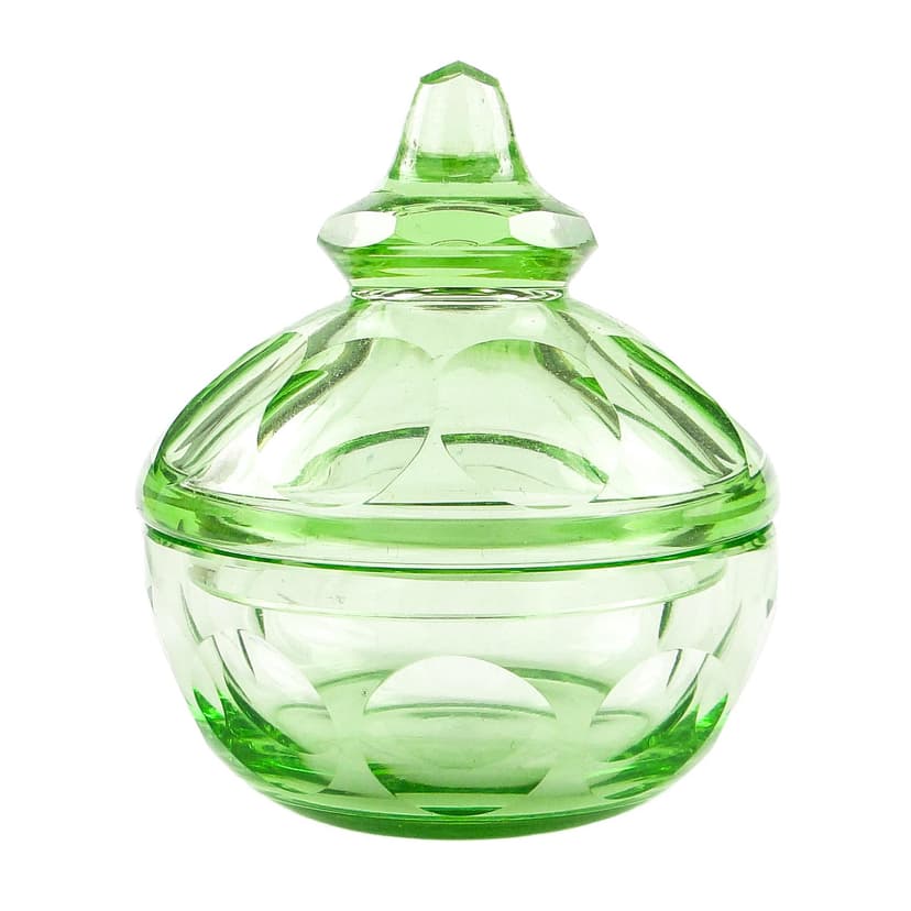 Art Deco candy dish, green crystal, Moser, Czechoslovakia, 1930s.