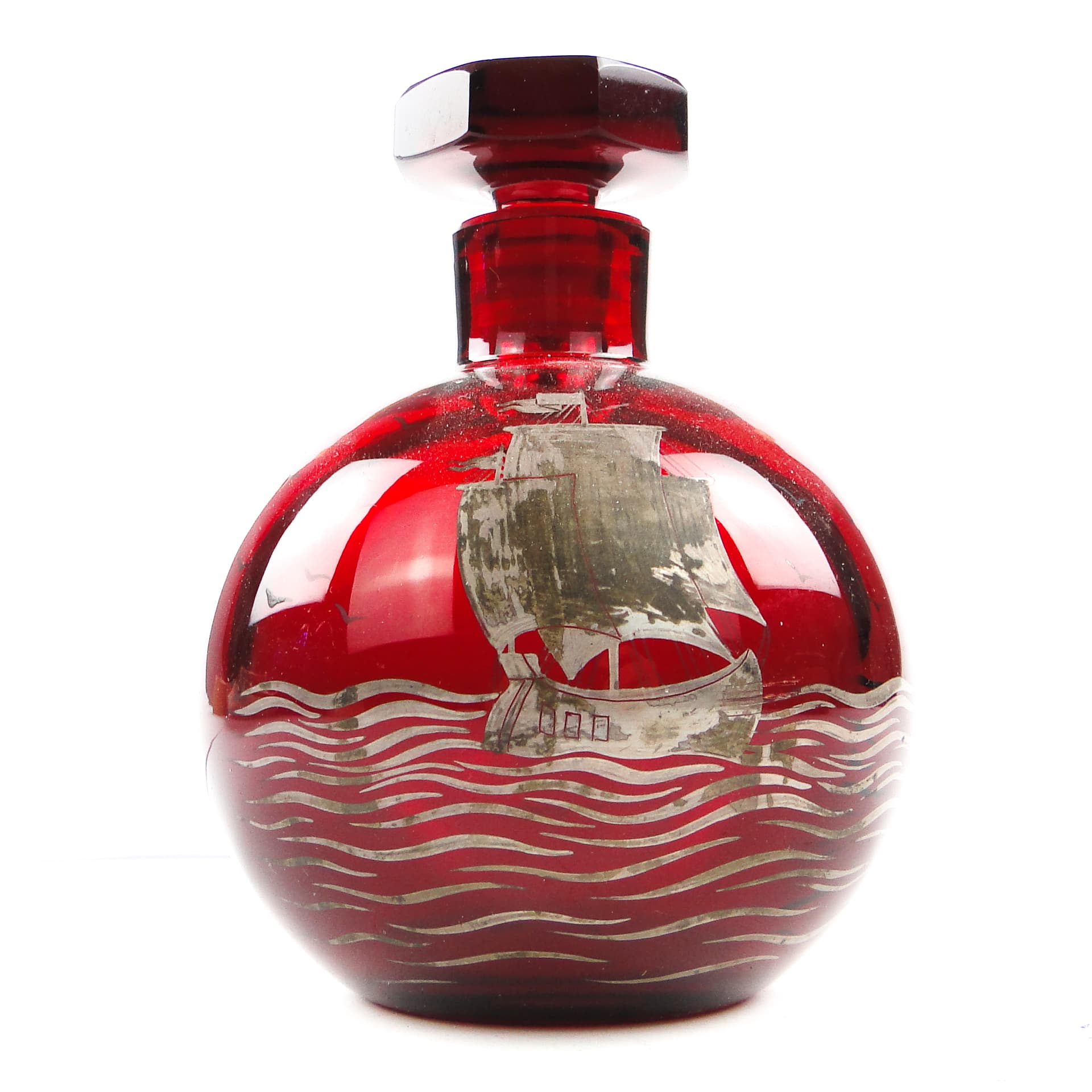 Karafka art déco, szkło czerwone, Huta Józefina, Polska, lata 30. - 105167