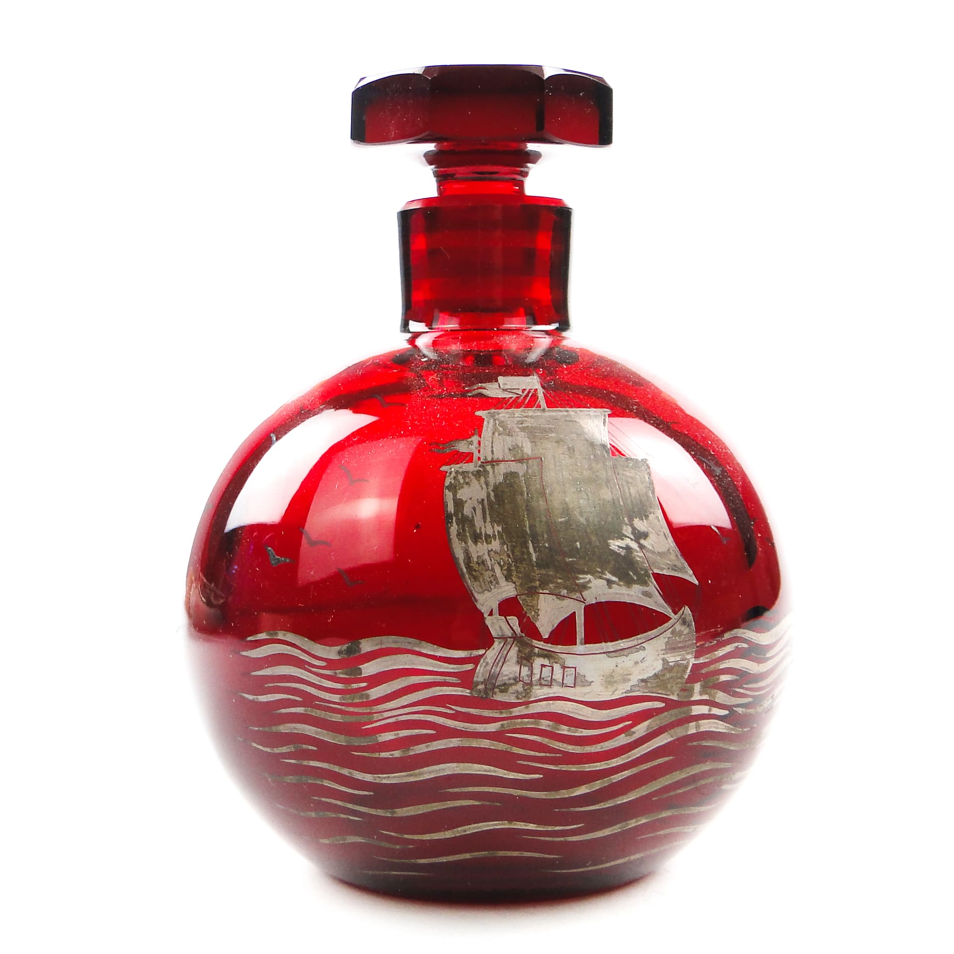 Karafka art déco, szkło czerwone, Huta Józefina, Polska, lata 30. - 105163