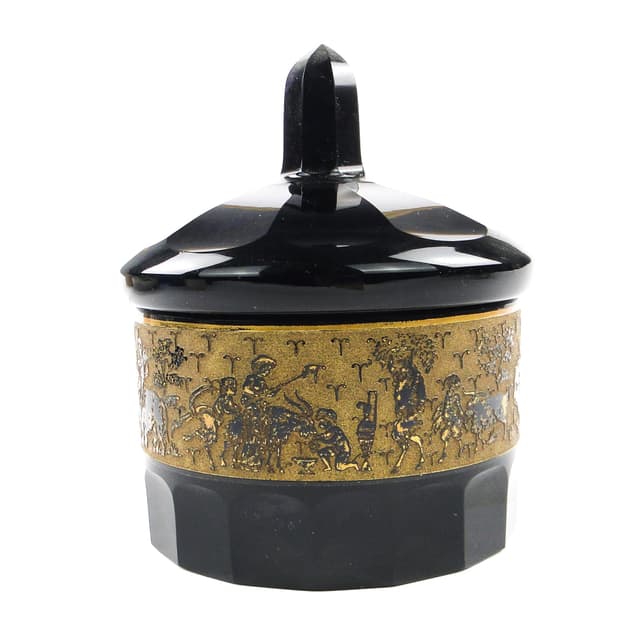 Bomboniera Art Deco, szkło czarne, oroplastyka, Czechosłowacja, lata 30. - WYMIARY