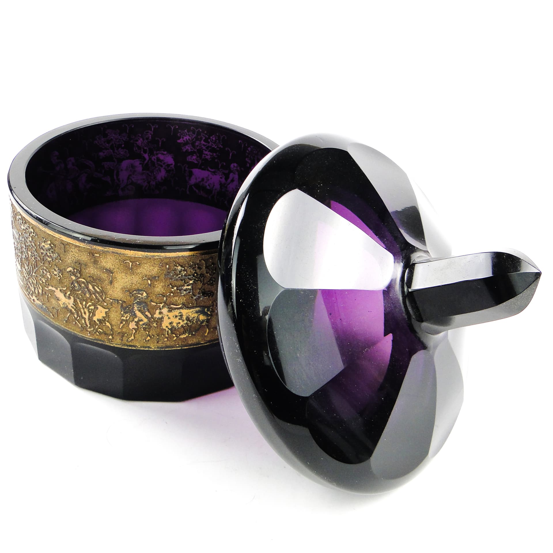 Bomboniera Art Deco, szkło czarne, oroplastyka, Czechosłowacja, lata 30. - 105201