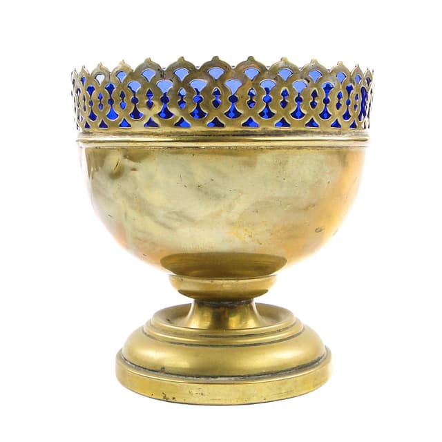 Art Nouveau sugar bowl, brass, cobalt glass, Sweden, early 20th c. - DIMENSION