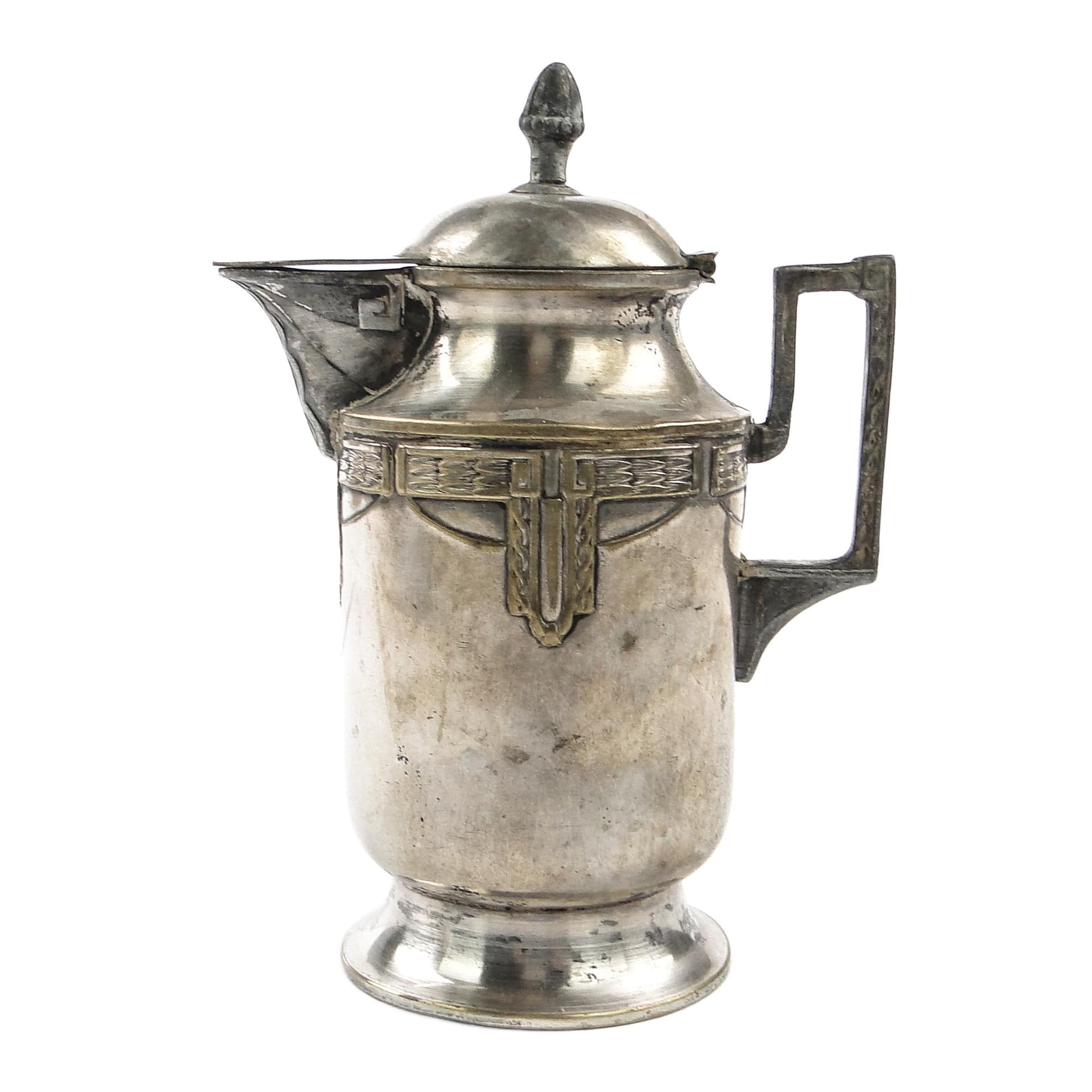 Art Nouveau oil jug, silver-plated brass, pewter, Germany, early 20th c.