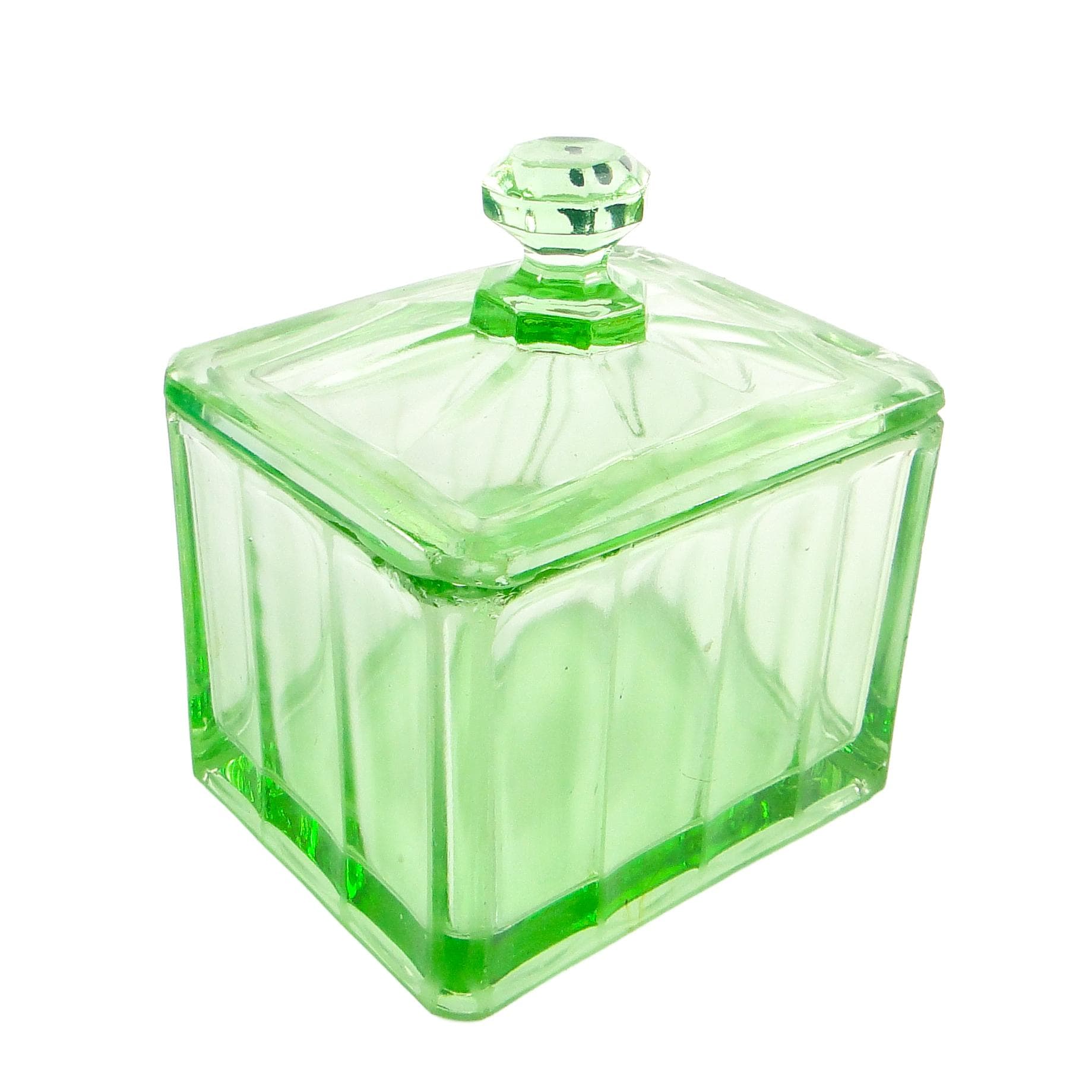 Art Deco butter dish, pressed turquoise glass, Huta Hortensja, Poland, 1930s.