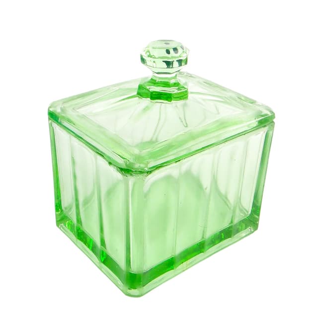 Art Deco butter dish, pressed turquoise glass, Huta Hortensja, Poland, 1930s. - DIMENSION