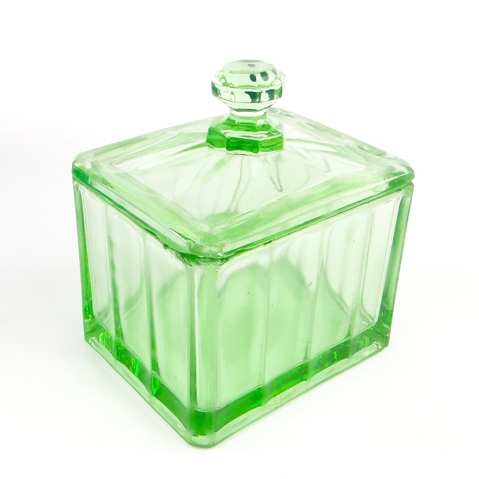 Art Deco butter dish, pressed turquoise glass, Huta Hortensja, Poland, 1930s. - 106107