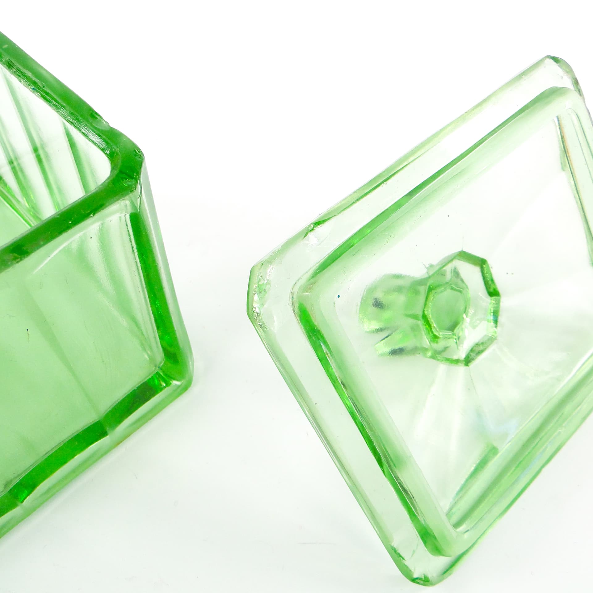 Art Deco butter dish, pressed turquoise glass, Huta Hortensja, Poland, 1930s. - 106120