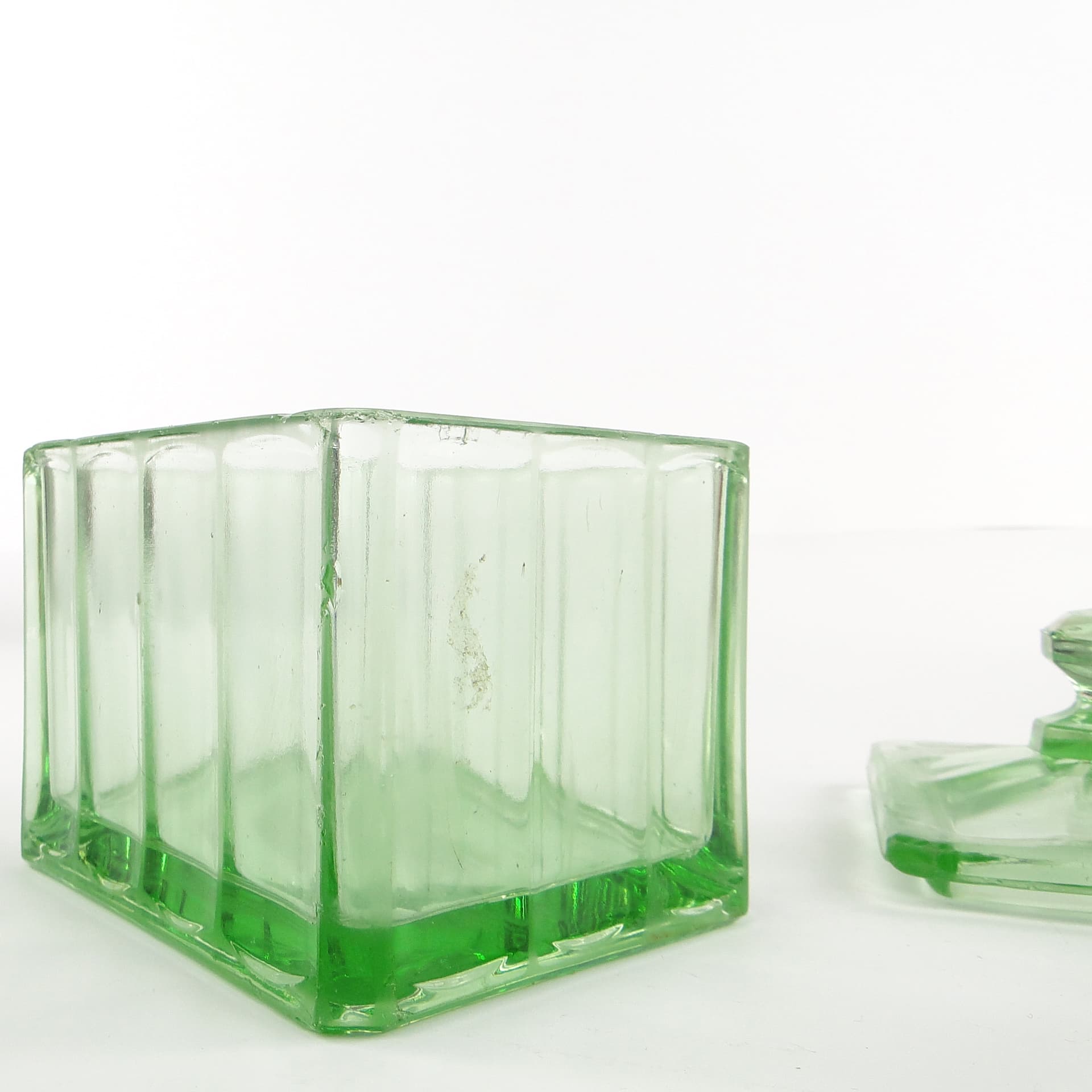 Art Deco butter dish, pressed turquoise glass, Huta Hortensja, Poland, 1930s. - 106114