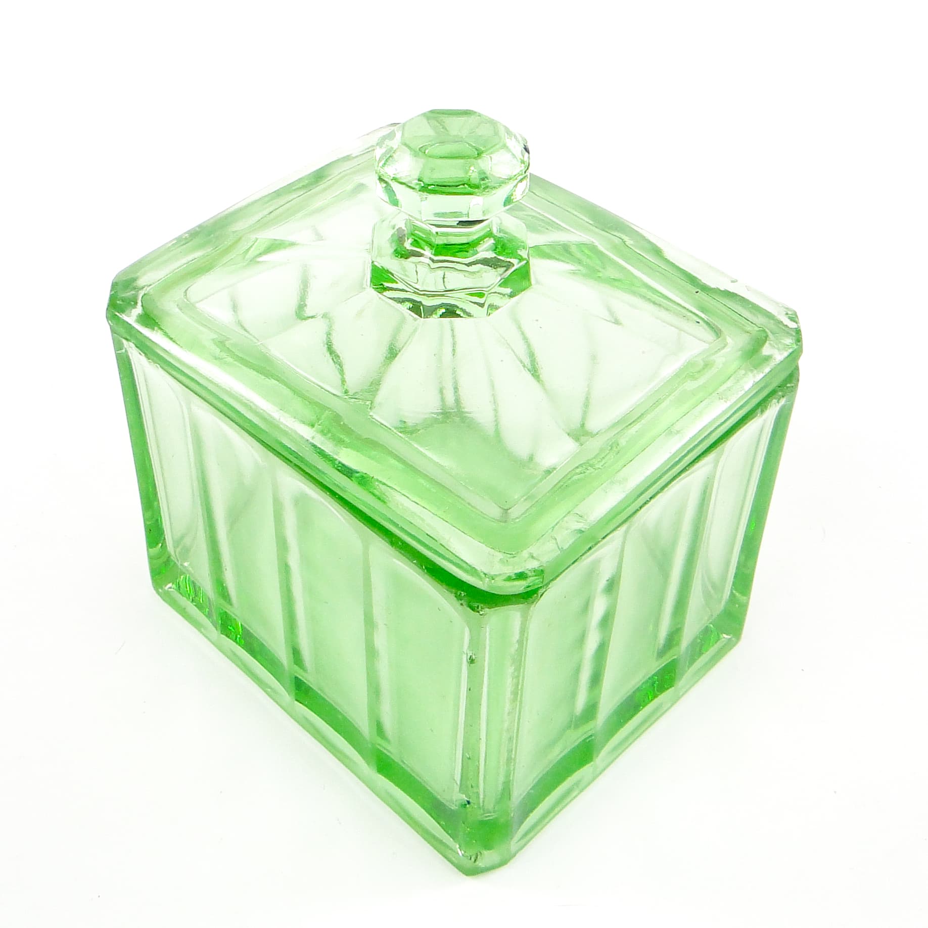 Art Deco butter dish, pressed turquoise glass, Huta Hortensja, Poland, 1930s. - 106117