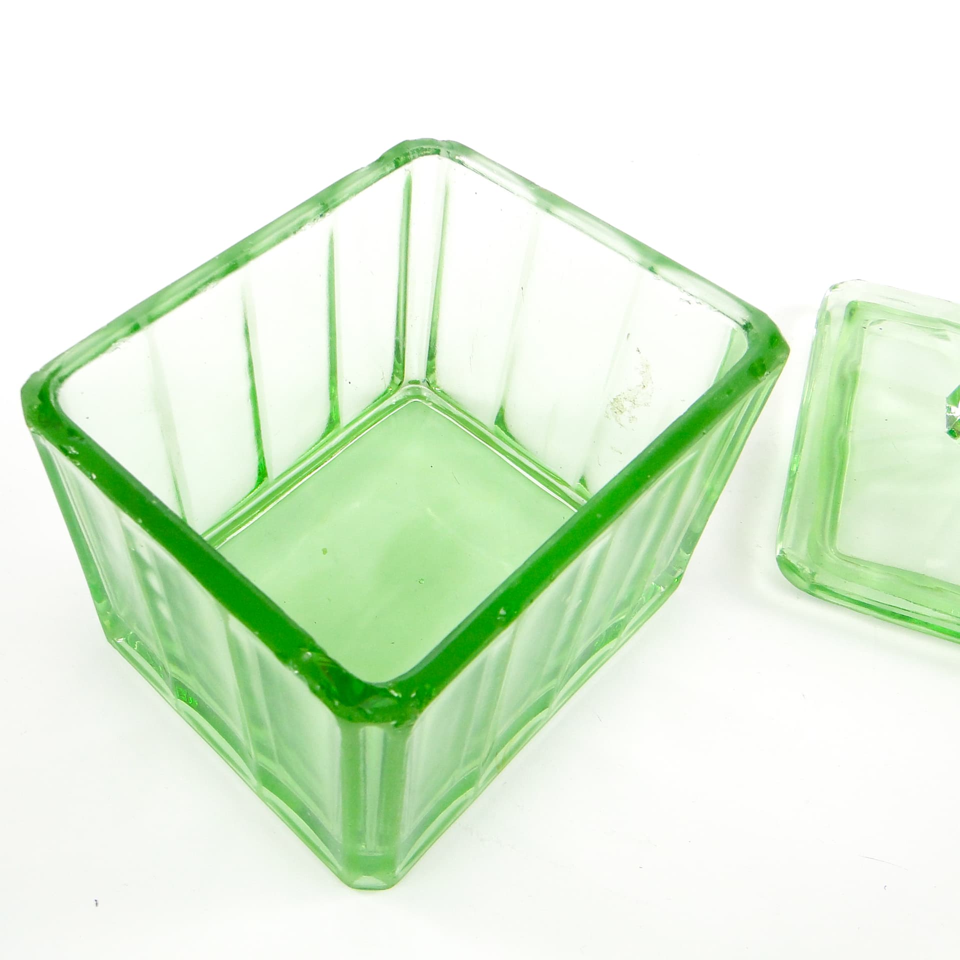 Art Deco butter dish, pressed turquoise glass, Huta Hortensja, Poland, 1930s. - 106108