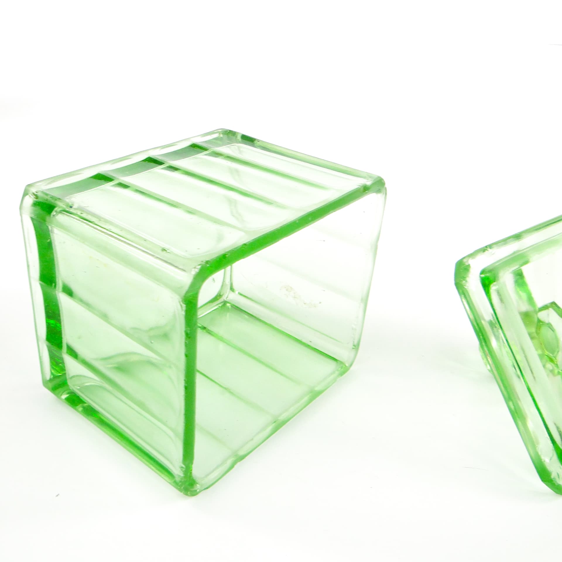 Art Deco butter dish, pressed turquoise glass, Huta Hortensja, Poland, 1930s. - 106119